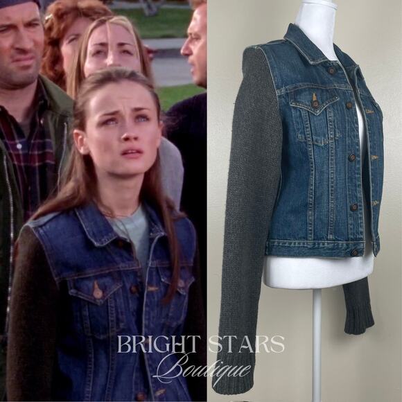 Rare Knit Wool Sleeve Denim Jacket ASO Rory Gilmore Girls Vintage Casual Y2K - Picture 2 of 12